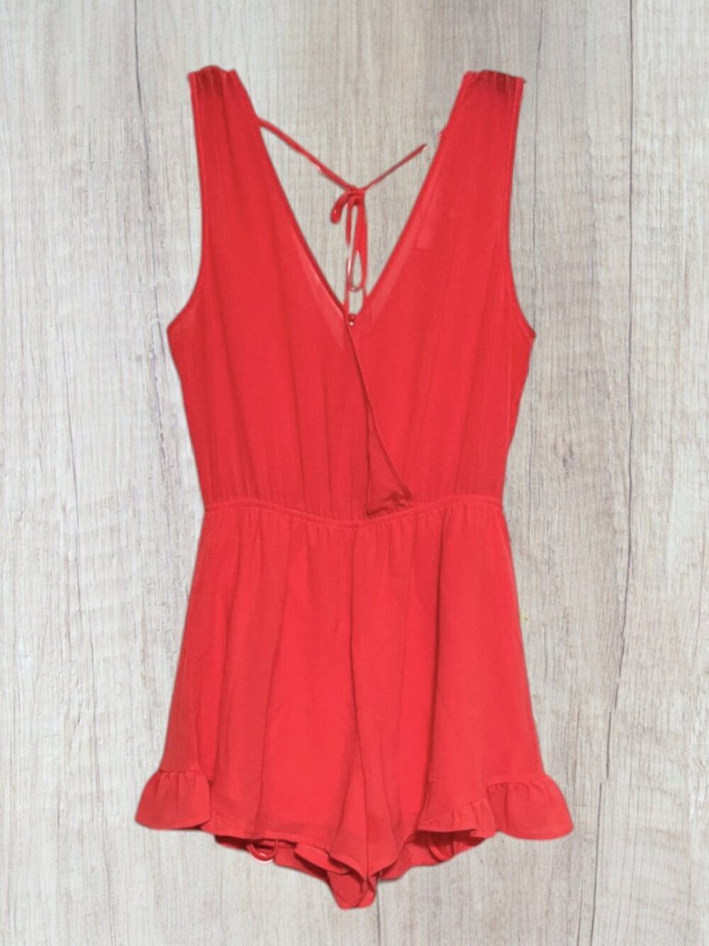ASTR The Label Coral Red Faux Wrap Romper Ruffle Hem Deep V Neck XS Summer Party